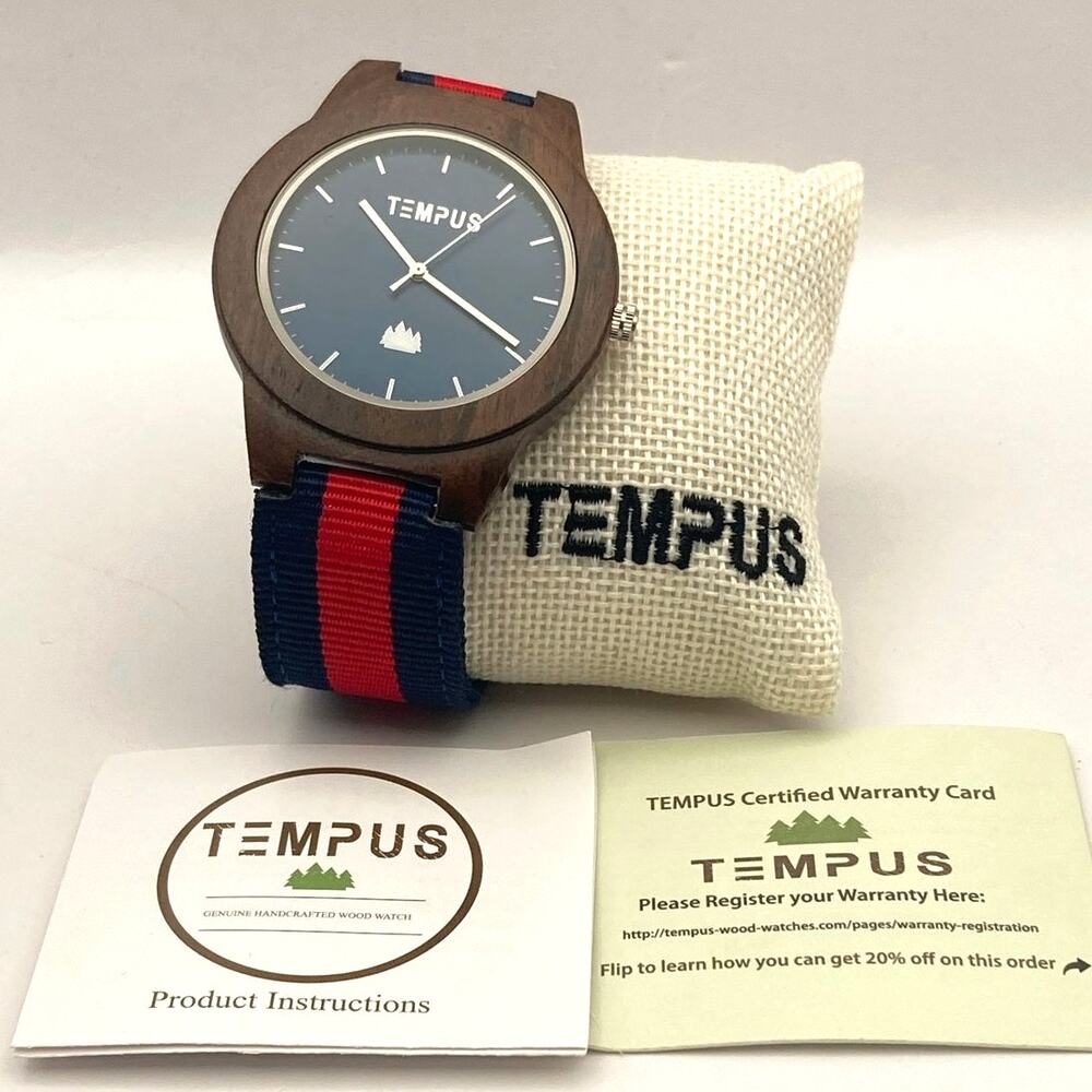NEW Men's Wood Watch Genuine Hand Crafted Tempus Adjustable - Fresh Battery NIB